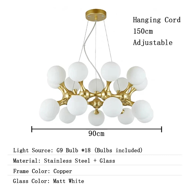 Chandelier with white glass balls and copper frame, adjustable hanging cord, dimensions shown.