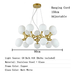 Chandelier with white glass balls and copper frame, adjustable hanging cord, dimensions shown.