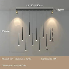 Chandelier with dimensions and material details on a gray background