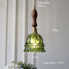 Green pendant light with wooden handle and measurements on a neutral background
