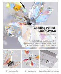 Colorful crystal chandelier with text describing its features.