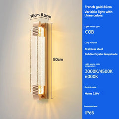 Wall-mounted light fixture with specifications on a gray background