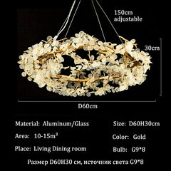 Chandelier with dimensions and specifications on a black background