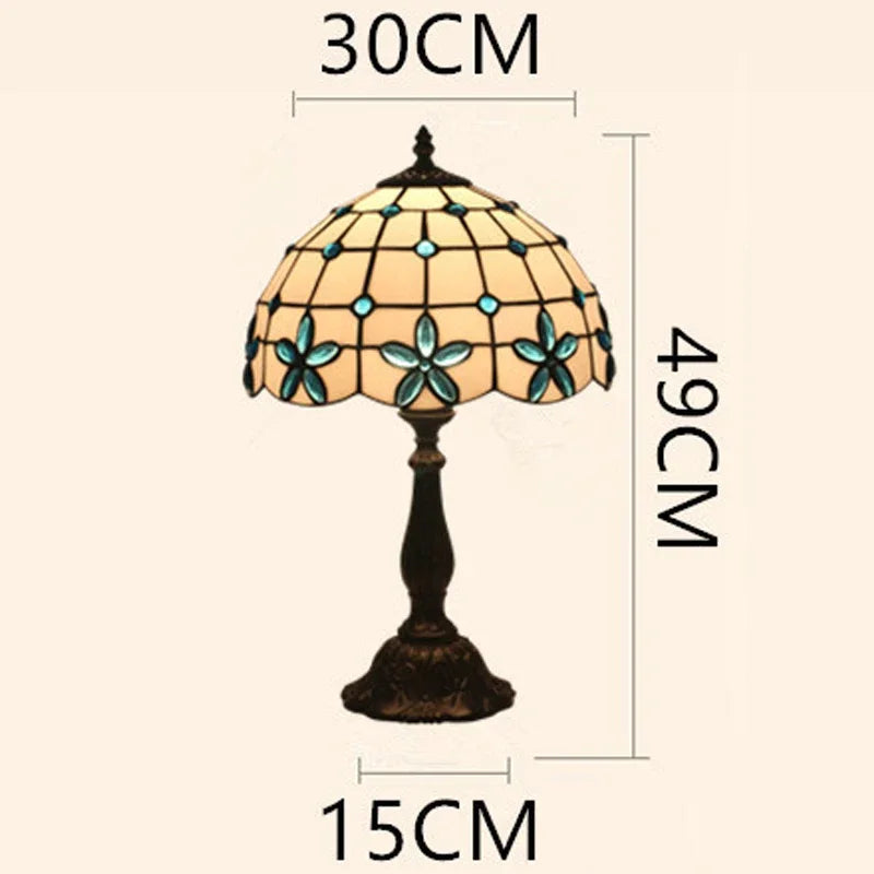 Diagram showing dimensions of a Tiffany stained glass floral table lamp.