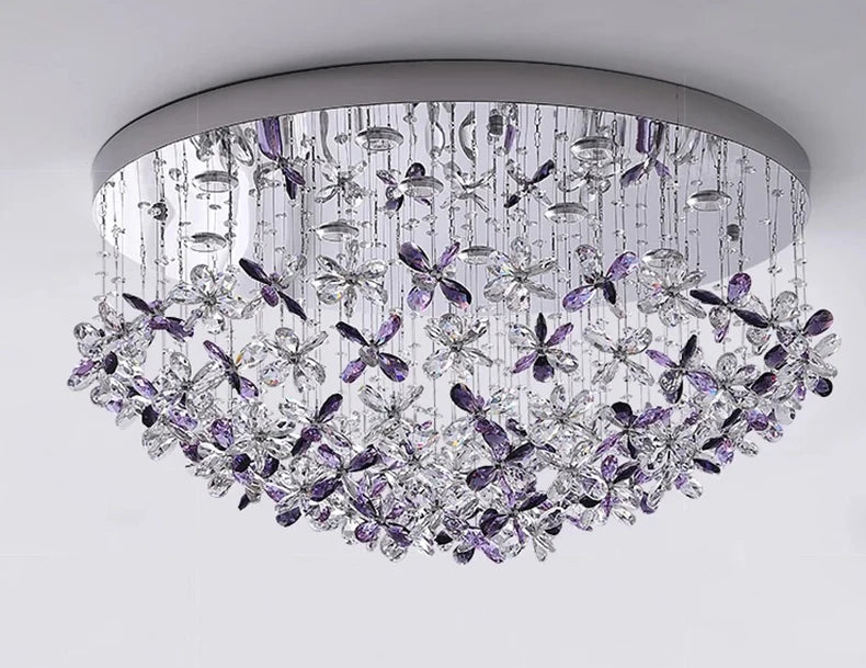 Ceiling light fixture with purple and clear crystal design on a white background