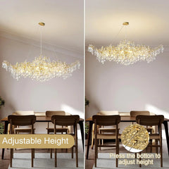 Chandelier with adjustable height feature shown in two positions over a dining table.