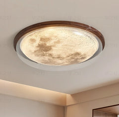 Ceiling light fixture with wooden frame and marble-like design on a ceiling