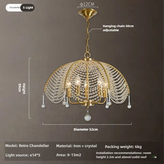 Gold Crystal Beaded Dome Chandelier with Teardrop Prisms