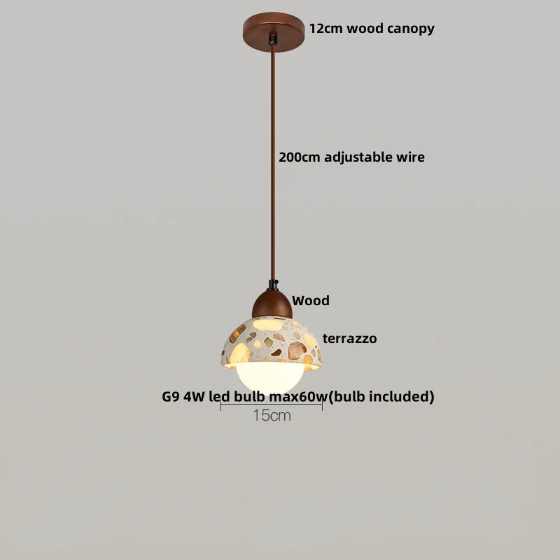 Pendant light with labeled components on a gray background