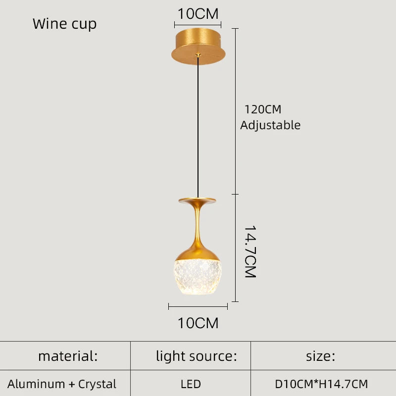 Gold pendant light with dimensions and material details on a white background