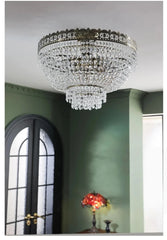 Tiered Crystal Chandelier with Ornate Metal Frame