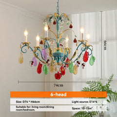 Teal & Gold Metal Chandelier Colorful Crystal Fruit & Leaf Accents