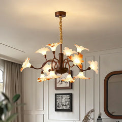 Bronze Floral Chandelier Pendant Light with Frosted Glass Bell Shades