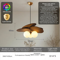 Chandelier with dimensions and product details on a neutral background