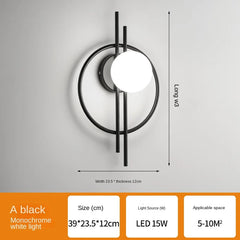 Modern wall light fixture with dimensions and specifications on a gray background