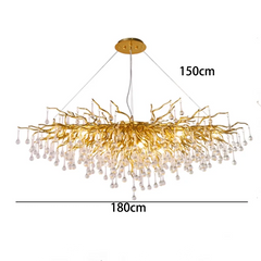 Gold chandelier with crystal accents and dimensions on a white background