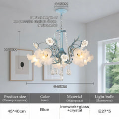Blue chandelier with floral design in a room setting, including measurements and product details.