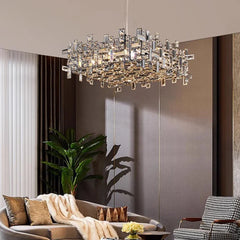 Polished Chrome Rectangular Crystal Chandelier Hanging Ceiling Light