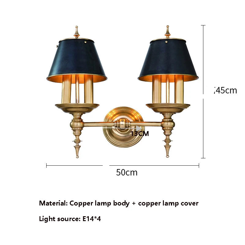 Wall-mounted lamp with black lampshades and gold fixtures, showing dimensions and material details.