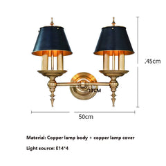 Wall-mounted lamp with black lampshades and gold fixtures, showing dimensions and material details.