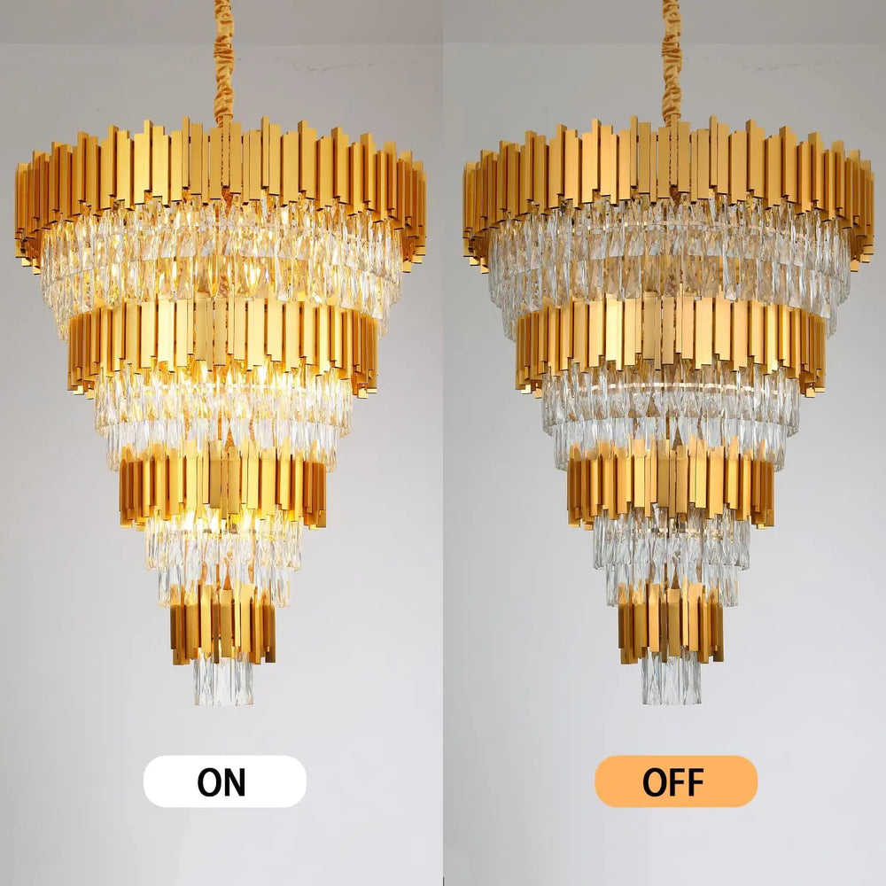 Two gold chandeliers, one labeled 'ON' and the other 'OFF', on a gray background.