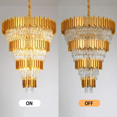Two gold chandeliers, one labeled 'ON' and the other 'OFF', on a gray background.