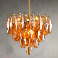 Amber Faceted Crystal Tiered Chandelier with Gold Finish Metal Frame
