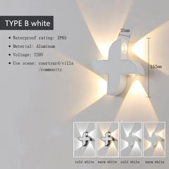 White wall light fixture with specifications on a gray background