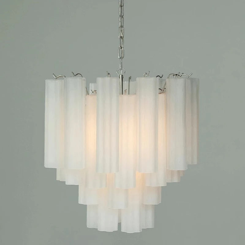 White frosted glass tube chandelier with a chrome frame, showing the cascading tiers.