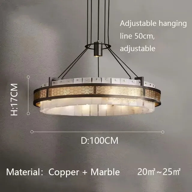 Chandelier with dimensions and material details on a gray background