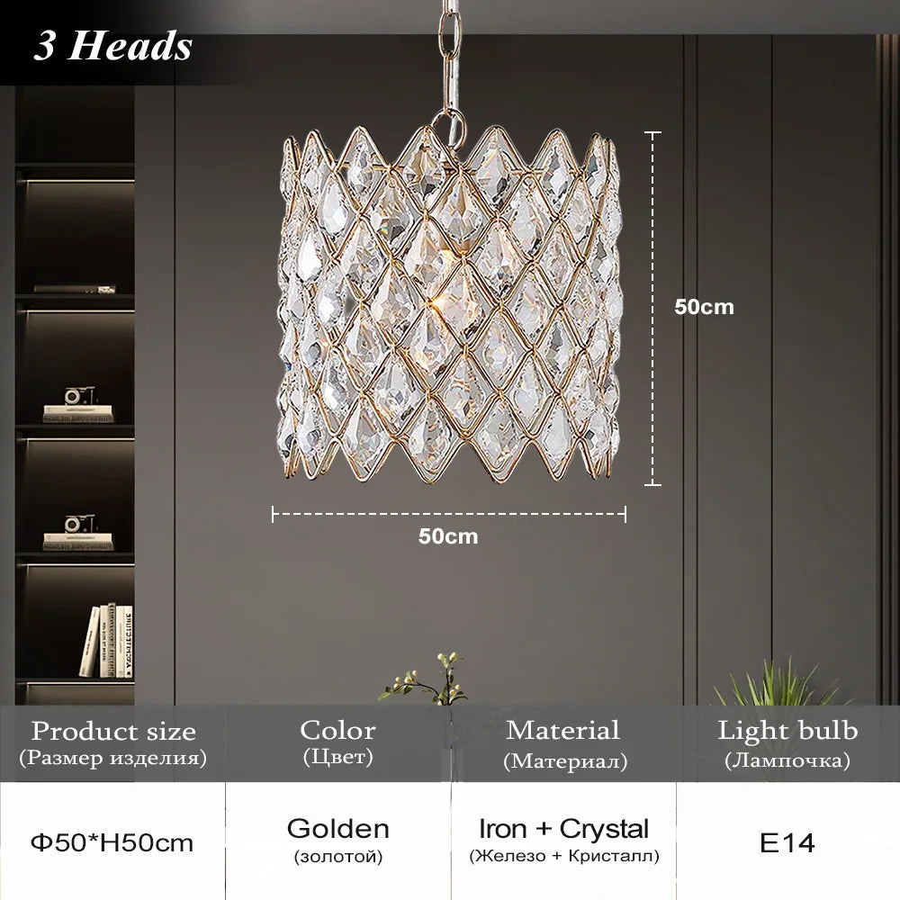 Chandelier with crystal design and dimensions on a dark background