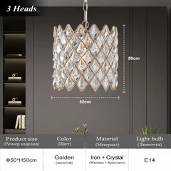 Chandelier with crystal design and dimensions on a dark background