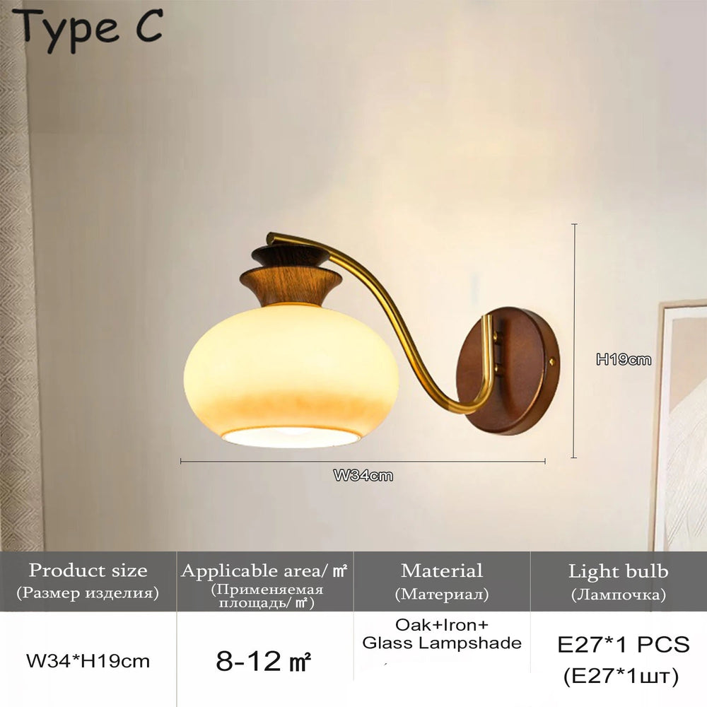 Wall lamp with dimensions and product details on a neutral background
