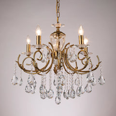 A gold candelabra crystal chandelier with multiple arms and crystal accents, viewed from a side angle.