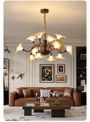 Bronze Floral Chandelier Pendant Light with Frosted Glass Bell Shades