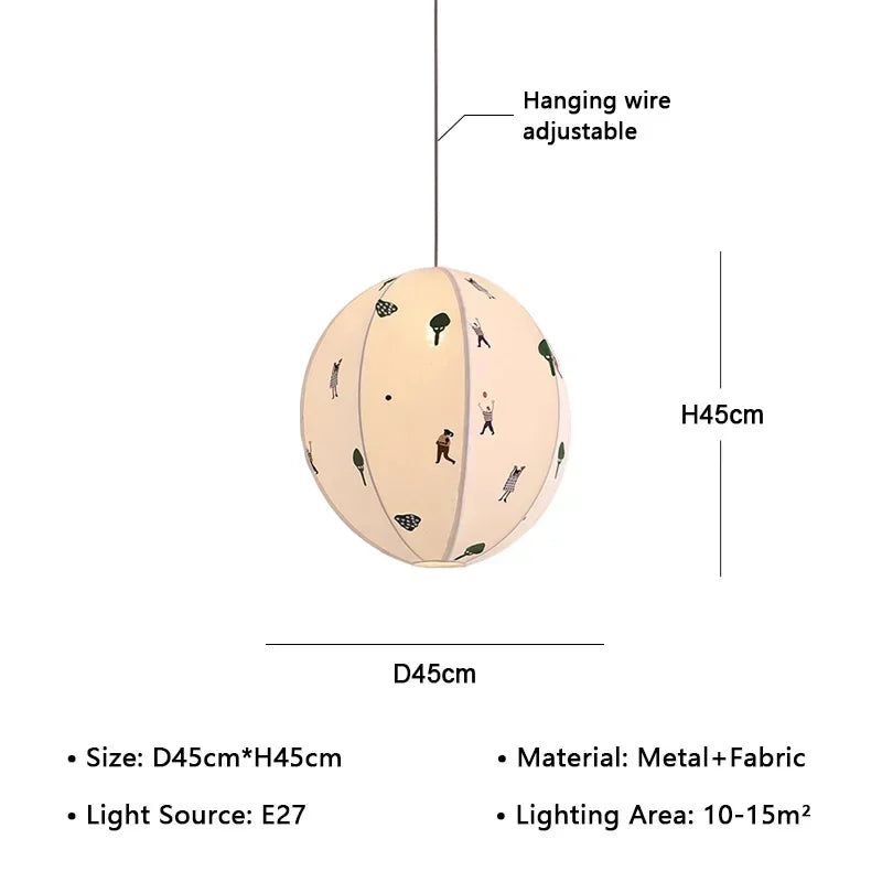 Pendant light with dimensions and features on a white background