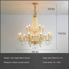 Gold chandelier with dimensions on a gray background
