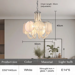 Gold Glass Beaded Chandelier with Pearl Strings Pendant Light