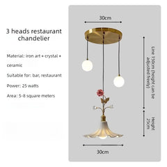 Gold Floral Rose Bud Ceramic Pendant Light with Frosted Glass Shade