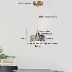 Pendant light with labeled dimensions on a white background
