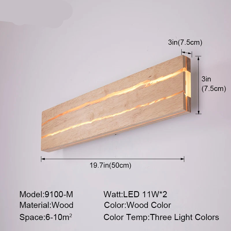 Wooden wall light fixture with dimensions and product details on a gray background