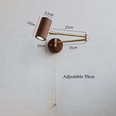 Adjustable Brass Swing Arm Sconce with Natural Wood Cylinder Shade