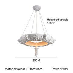 Decorative pendant light with dimensions and material details on a white background