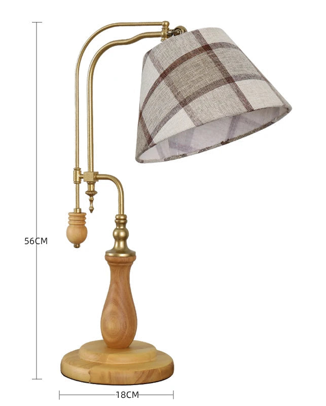 Table lamp with wooden base and plaid fabric shade, dimensions shown