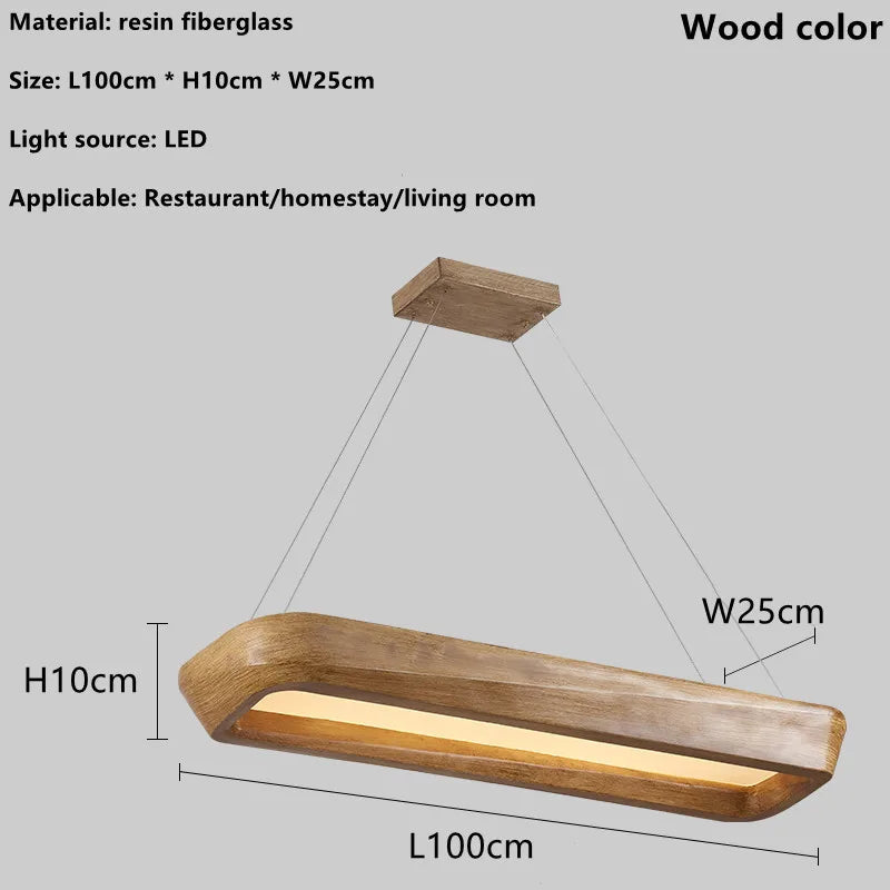 Wooden pendant light with dimensions and material details on a gray background