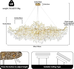 Chandelier with dimensions and weight information on a white background