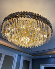 Gold Crystal Tiered Waterfall Chandelier with Geometric Accents