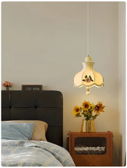 Fabric Rose Floral Pendant Light with Scalloped Bell Shade
