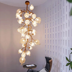Gold Floral Pendant Light with Crystal Bell Shades and Leaf Accents