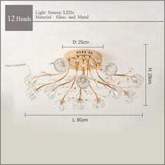 Gold Floral Crystal Chandelier Semi-Flush Mount Light